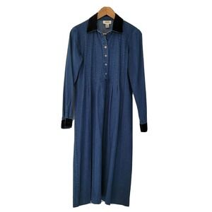 Vintage‎ Dress Women 8 Blue Denim Pleated Velvet Trim Long Sleeve Button Prairie